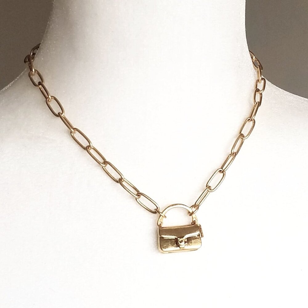 NWT Coach Mini Tabby Handbag Charm Brass Tone Pendant Paperclip Chain Necklace - Picture 5 of 7
